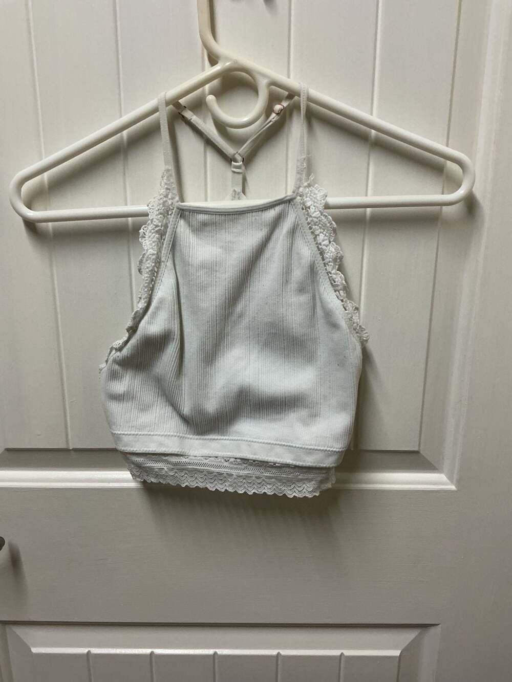 Fornia White Ribbed Lace Trim Strappy Back Bralette Size S/M